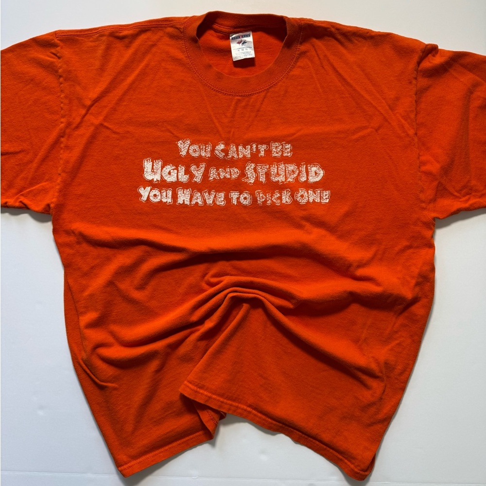 Vintage Y2K Jerzees Funny Ugly Stupid Graphic Orange XL Shirt